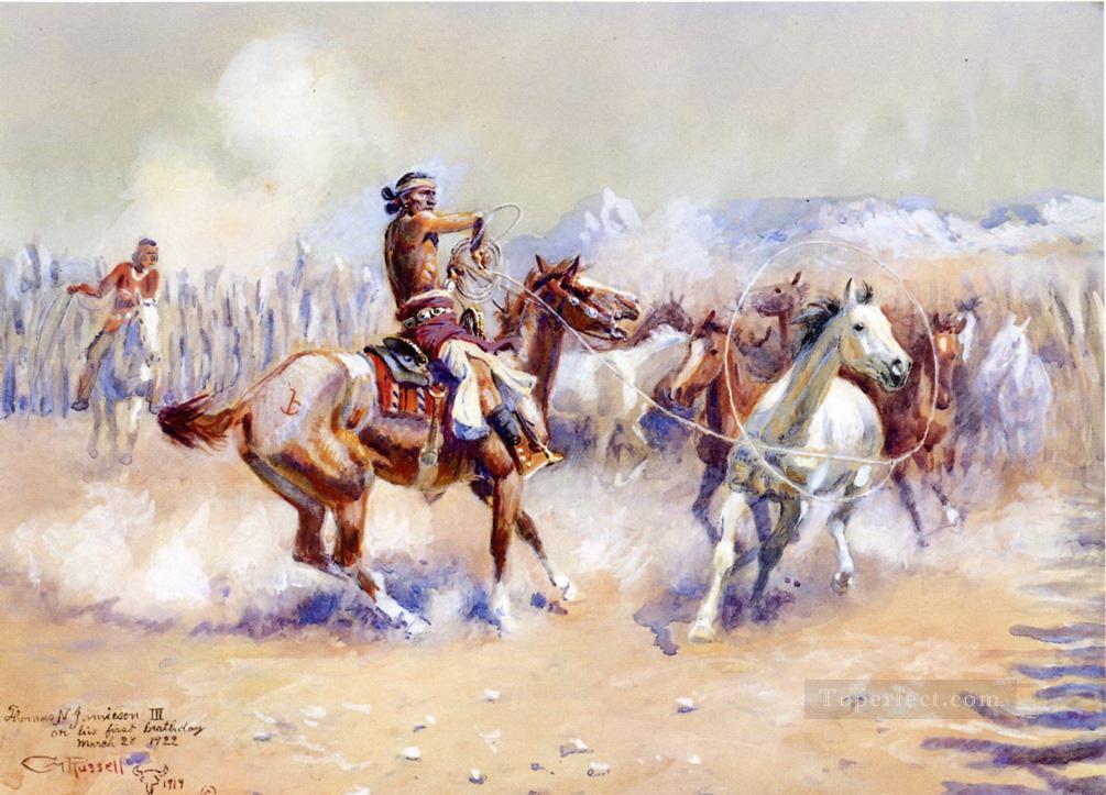 chasseurs de chevaux sauvages navajo 1911 Charles Marion Russell Indiens d’Amérique Peintures à l'huile